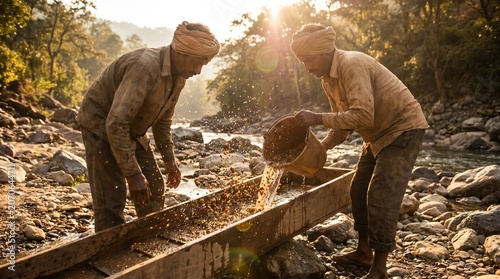 Two South Asian men panning for gold in a rocky riverbed using a wooden sluice box at sunrise, representing traditional mining, manual labor, and economic struggle in rural areas.