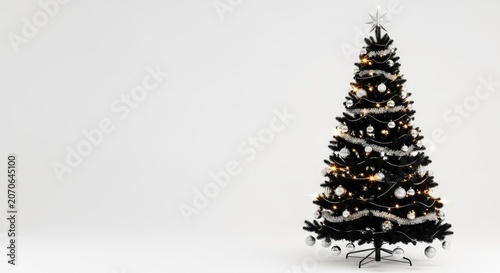 Sophisticated black holiday tree adorned with shimmering silver baubles, metallic garlands, and bright fairy lights in a modern festive setting, seasonal, interior, artificial
