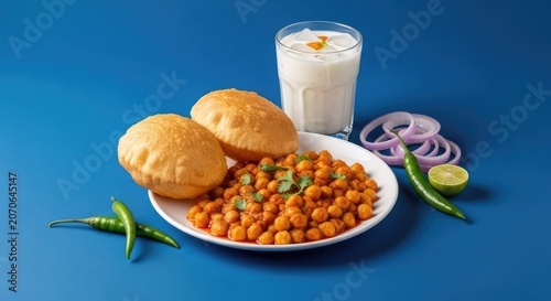 Spicy chickpeas served with fluffy fried bread, a cold yogurt drink, sliced onions, and green chilies arranged on a vibrant blue background, bowl, authentic, spicy