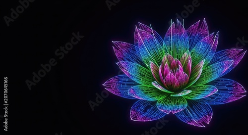 Stunning abstract digital art featuring luminous neon flowers glowing against a deep dark background with intricate electric light petals, brilliance, decorative, modern