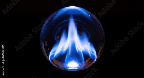 This close-up shot captures a glowing crystal ball containing ethereal blue flames, emitting a mystical aura against a dark background, background, sphere, glass