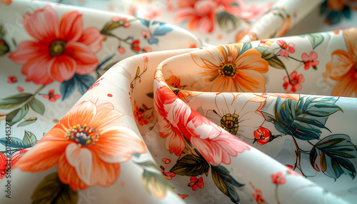 delicate floral pattern with vibrant orange and pink flowers, green leaves, fabric texture, soft lighting