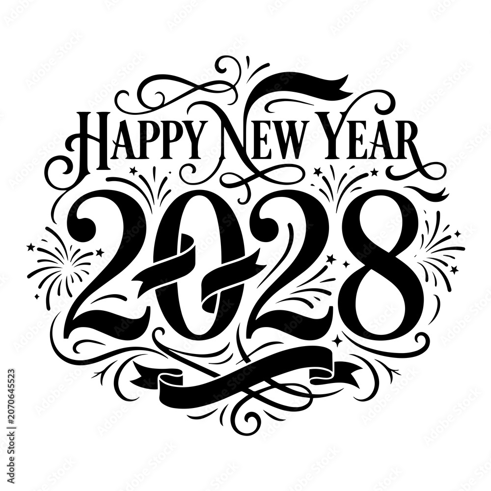 Fototapeta premium Happy new year 2028 decorative typography with ribbon and fireworks