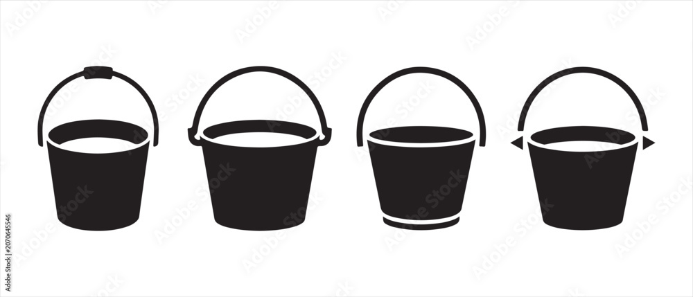 Fototapeta premium Set of four black bucket icons with handles in different simple shapes for cleaning and gardening work.