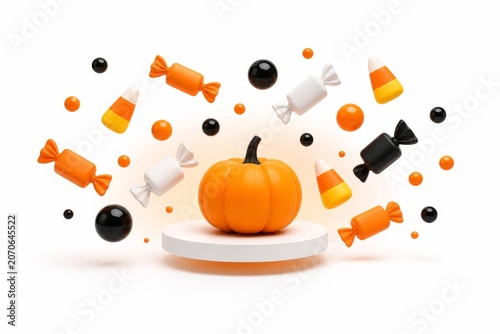 Minimal 3D Halloween candy concept with blank wrapped sweets, candy corn shapes, glossy spheres and pumpkin on a white pedestal. Clean hero image.