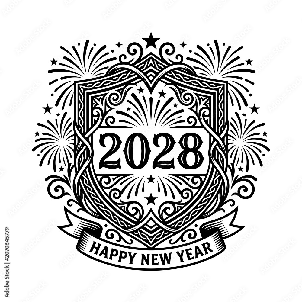Fototapeta premium 2028 happy new year heraldic shield graphic with fireworks and banner, heraldic