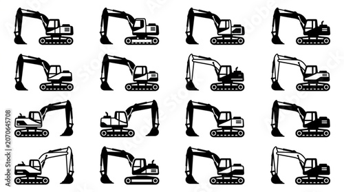 Multiple excavator illustrations in a grid pattern.