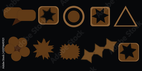 Brown geometric shapes and symbols on black background
