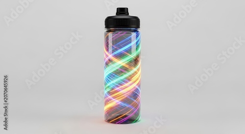 Vibrant sports bottle featuring fluid, multicolored swirling patterns on a translucent surface, glowing with energy and dynamic motion, activity, green, modern
