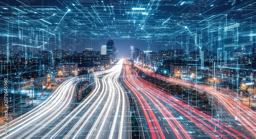 Vibrant urban cityscape at night featuring long exposure light trails from traffic integrated with glowing digital data network overlays, transfer, digital, light trails
