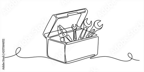 Cuadro en lienzo Continuous one line drawing of a metal toolbox filled with various hand tools li