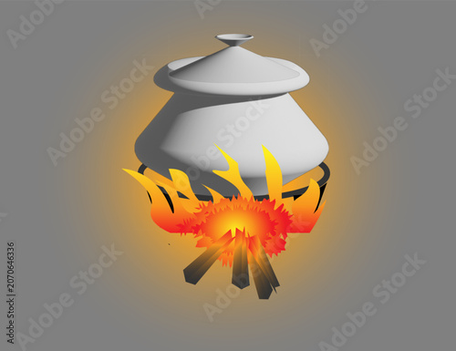 Earthen Cooking Pot Over Firewood.