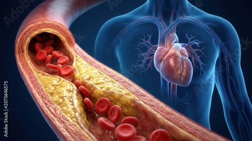 Medical illustration of a clogged artery showing plaque buildup and red blood cells.