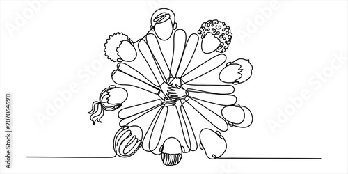 Foto Continuous one line drawing of a group of diverse people joining hands together