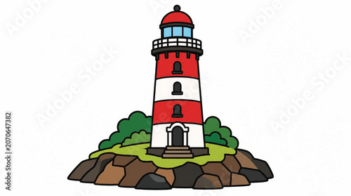 Red and white lighthouse on rocks.