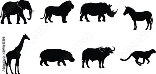 Bild auf Leinwand African safari animal silhouettes collection featuring elephant lion rhinoceros