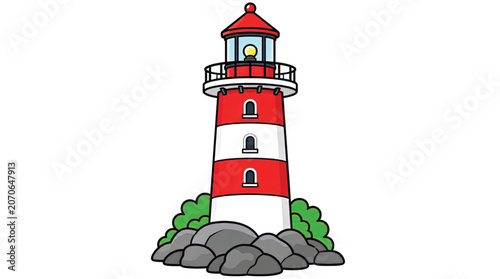Red and white striped lighthouse tower.