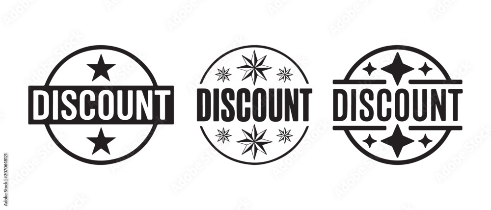 Obraz premium Set of three black round discount labels with star and sparkle symbols for retail sales and marketing.