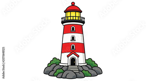 Red and white striped lighthouse tower.