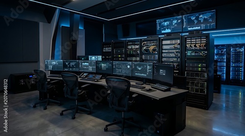 Modern Data Center Control Room with Multiple Monitors and Server Racks for Network Operations and IT Security Monitoring