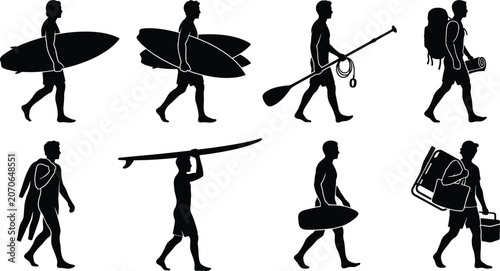 Bild auf Leinwand Collection of beach and water sport silhouettes featuring men carrying surfboards paddles and camping gear isolated on white background in image_8cbfa9