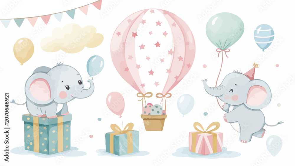 Obraz premium Cute baby elephants with hot air balloon, gift boxes and balloons, birthday party celebration elements, watercolor style illustration