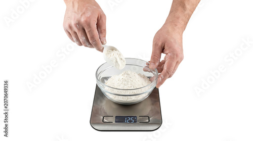 Hands measuring ingredients on scale.