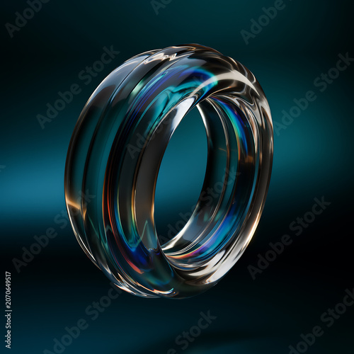 Iridescent toroidal object with layered rings a 3d rendering against a dark teal background toroid ring circle