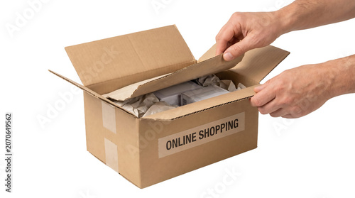 Person opening cardboard online shopping box.