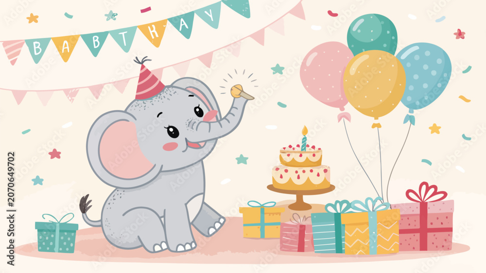Obraz premium Cute baby elephant celebrating birthday with cake, balloons and gifts, cartoon vector illustration for kids party invitation, greeting card or poster