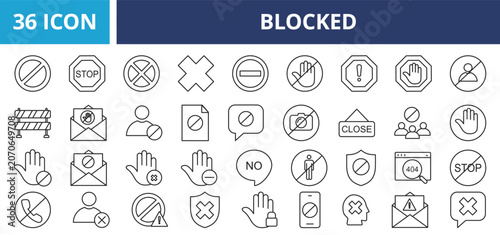 Blocked web banner icon set outline vector illustrations concept with icon block, ban, reject, spam, risk, warning, error