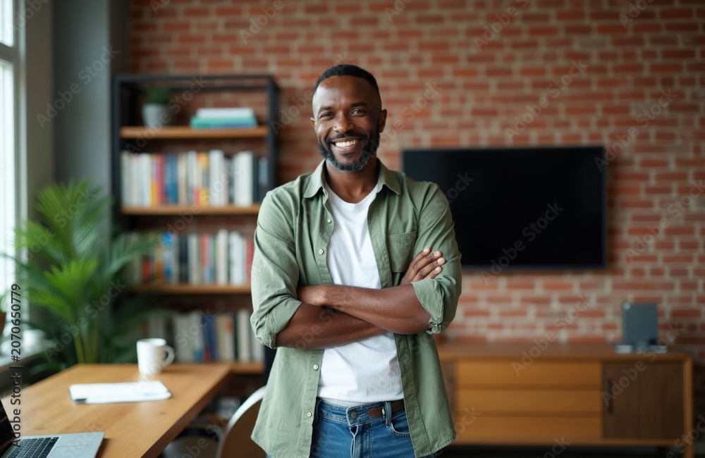 Fototapeta premium Smiling middle-aged Black man in casual clothes stands with arms crossed in a modern home office. He looks confidently at camera. Bookshelf and plant visible.