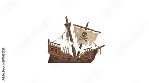 Photography Old Pirate Ship with Jolly Roger Flag Illustration.