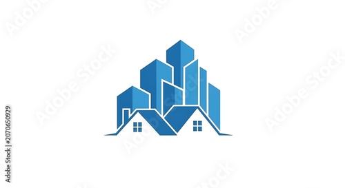 Modern blue houses and city skyline real estate logo concept