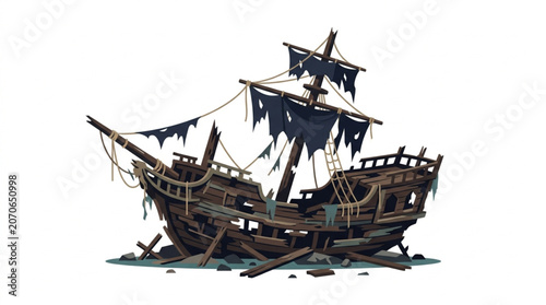 Tableau sur toile Old pirate shipwreck on a white background.