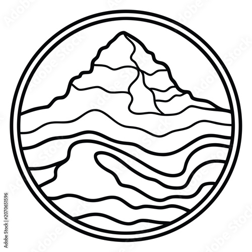 Circular mountain landscape line art icon with mountain landscape adventure