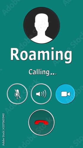 Roaming incoming call alert animation with answer and decline controls, mobile network travel connectivity phone interface on dark background.