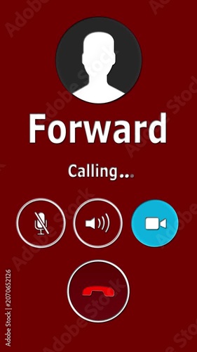 Call forwarding incoming interface animation with accept and decline icons, redirected phone call notification screen on dark tilted smartphone.