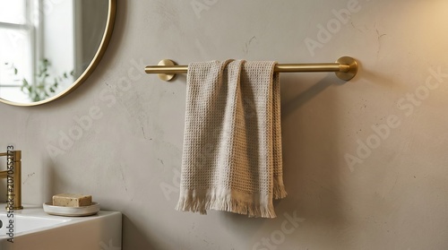 Minimalist modern bathroom interior with gold towel rack and linen towel.