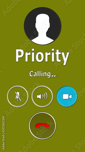 Priority caller incoming screen animation with answer and decline buttons, important call alert interface on dark tilted smartphone background.
