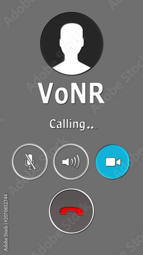 VoNR incoming call animation with answer and decline icons, next generation voice communication interface on White tilted smartphone background.