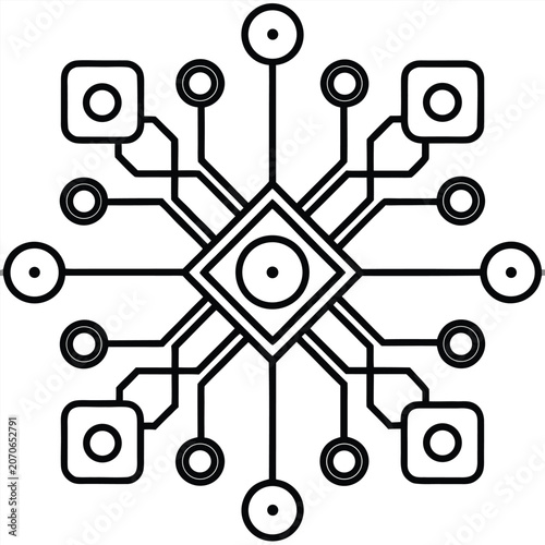 Abstract digital network hub circuit diagram icon with technology, connection