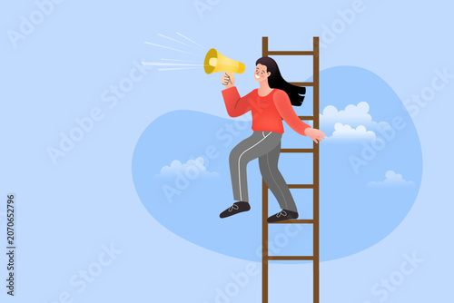 Amplify your corporate message with a business woman shouting into a megaphone while climbing the ladder of success.