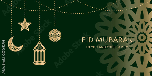Eid Mubarak Islamic background banner with golden floral mandala design for Muslim holidays
