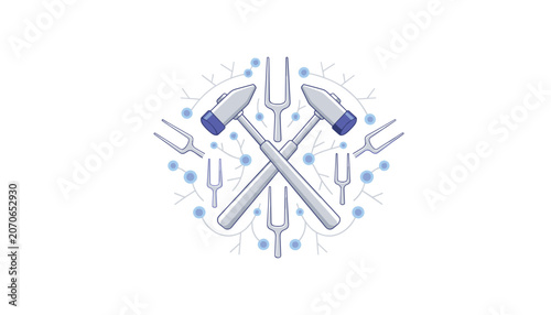 Fotografi Crossed neurological hammers surrounded by tuning forks and nerve cell icons for neurology examination