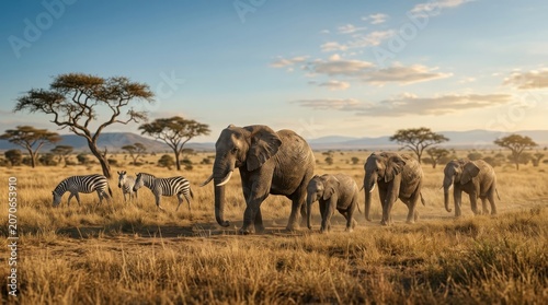 African elephants and zebras walking through the savanna at sunset