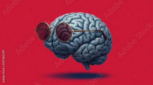 Human brain wearing stylish round sunglasses on a vibrant red background