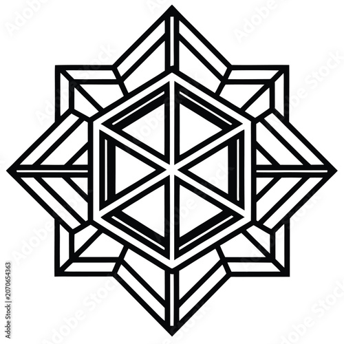 Abstract geometric hexagonal star mandala pattern with geometric, monochrome