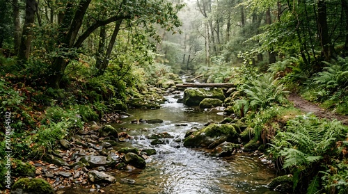 Serene forest stream flowing through lush green woodland with ferns and mossy rocks.