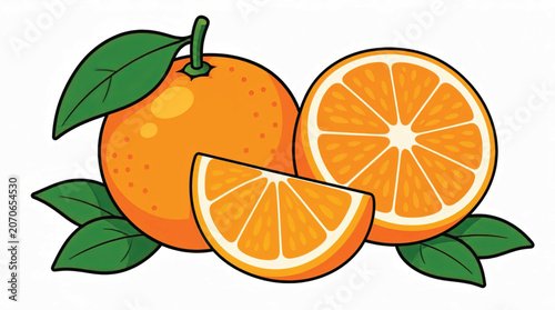Fresh orange fruit with green leaves.